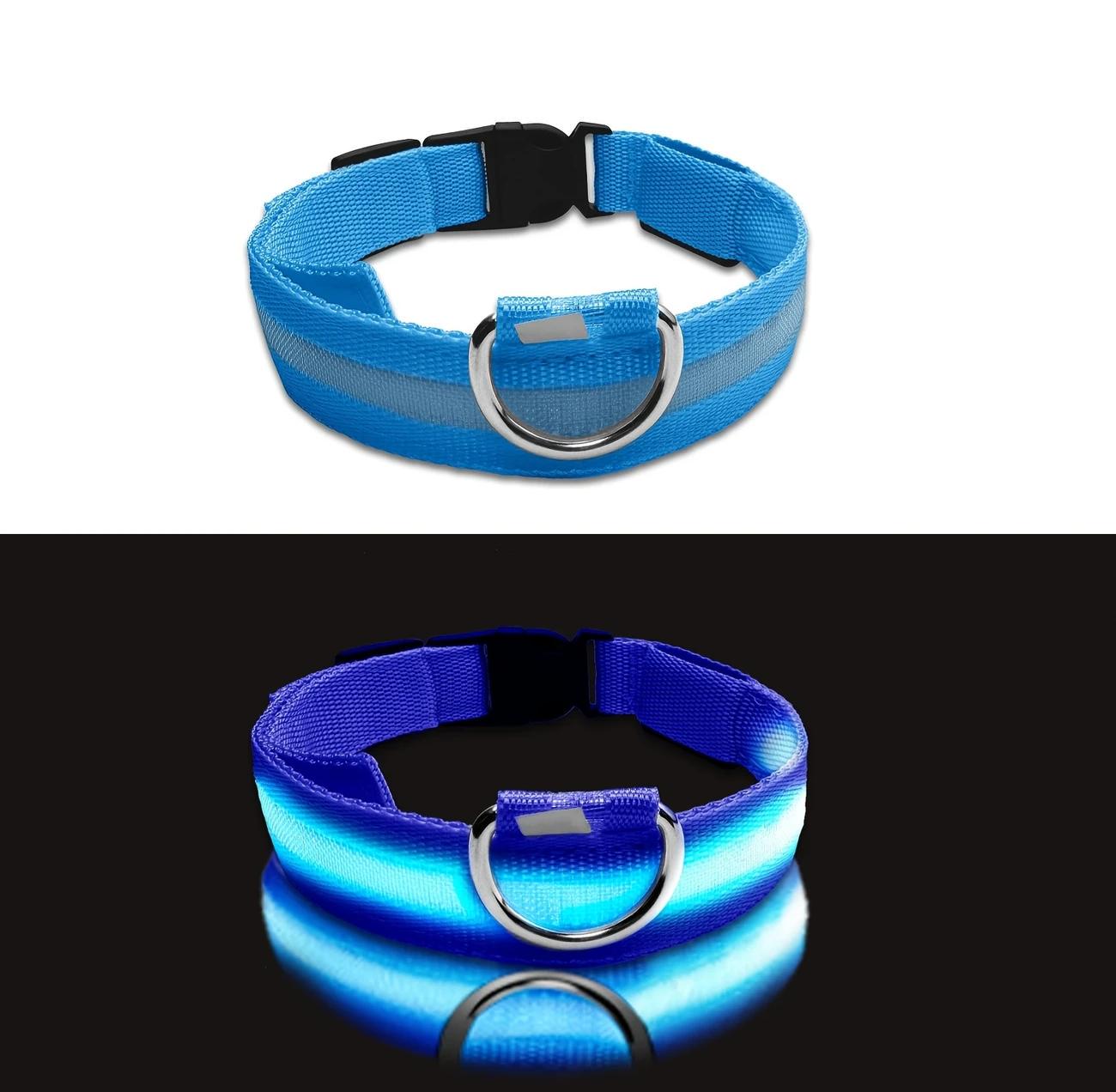 Ошейник для собак светодиодный три режима свечения на батарейках регулируемый L 35-49 см Синий (D-0082) - фото 4