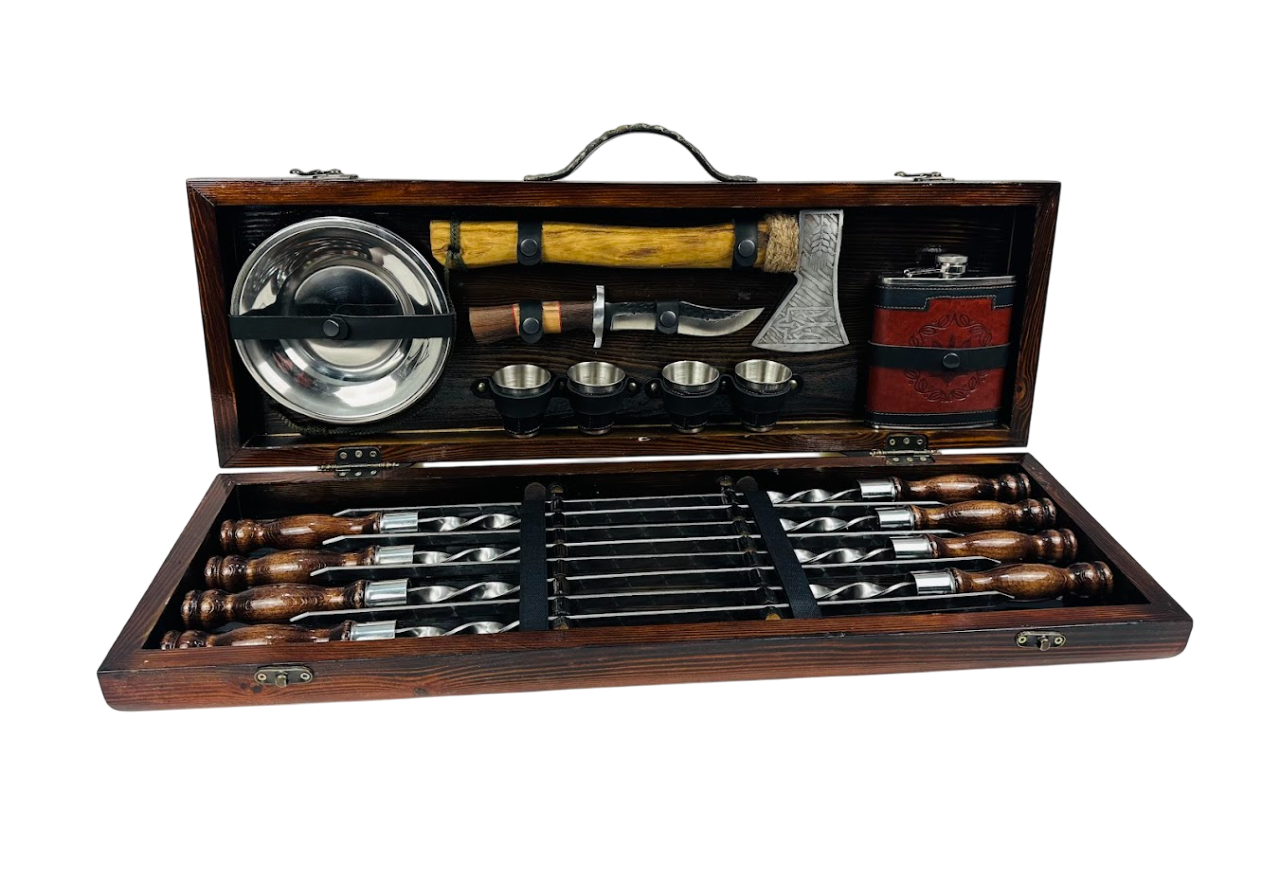 Набор шампуров ручной работы Венге с аксессуарами 21 предмет в кейсе 75х24х10 см Коричневый (124-10-KS-7906)