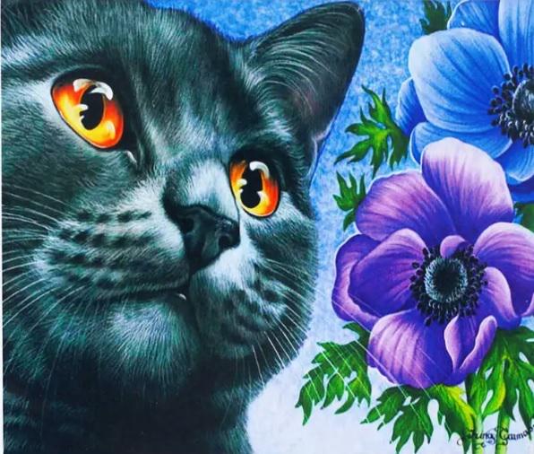 Алмазная мозаика Кот с цветами на холсте с подрамником 40х50 см (GA77523)