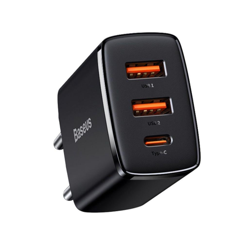 Зарядное устройство сетевое BASEUS Compact Quick Charger 30W QC/PD 1Type-C/2USB Черный (33373 black)