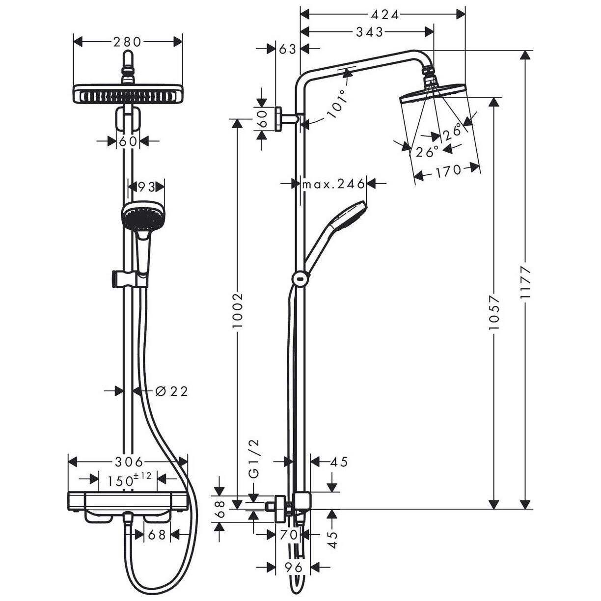 Душевая система с термостатом Hansgrohe Croma Showerpipe EcoSmart 27660000 Хром (147289) - фото 2