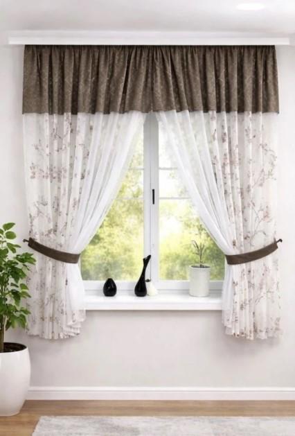 Шторки на кухню лен/шифон 400х180 см Коричневый/Молочный/Белый (500к)