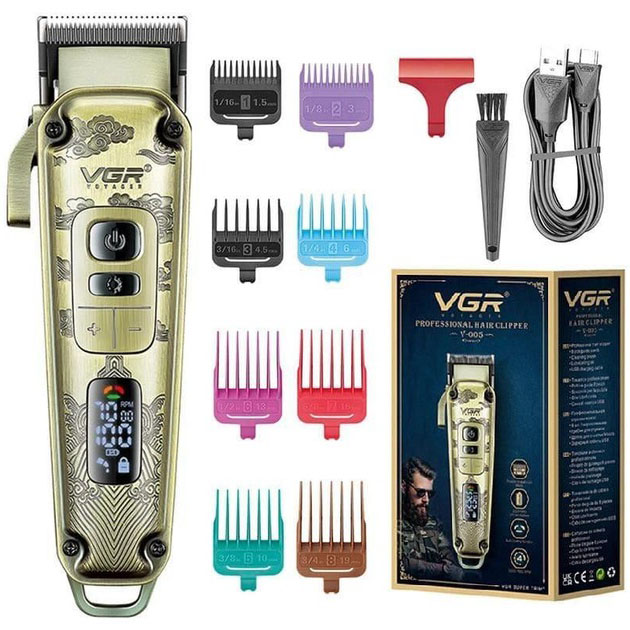 Машинка для стрижки VGR V-005 акумуляторна 8 насадок LED-дисплей 2600 мА/год Золотистий (ML-05023)
