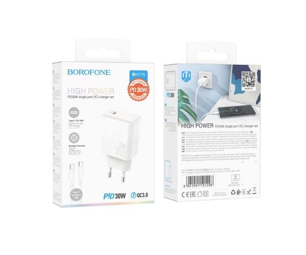 Пристрій зарядний мережевий Borofone BA77A Insightful PD/QC 30W Type-C to Type-C White - фото 2