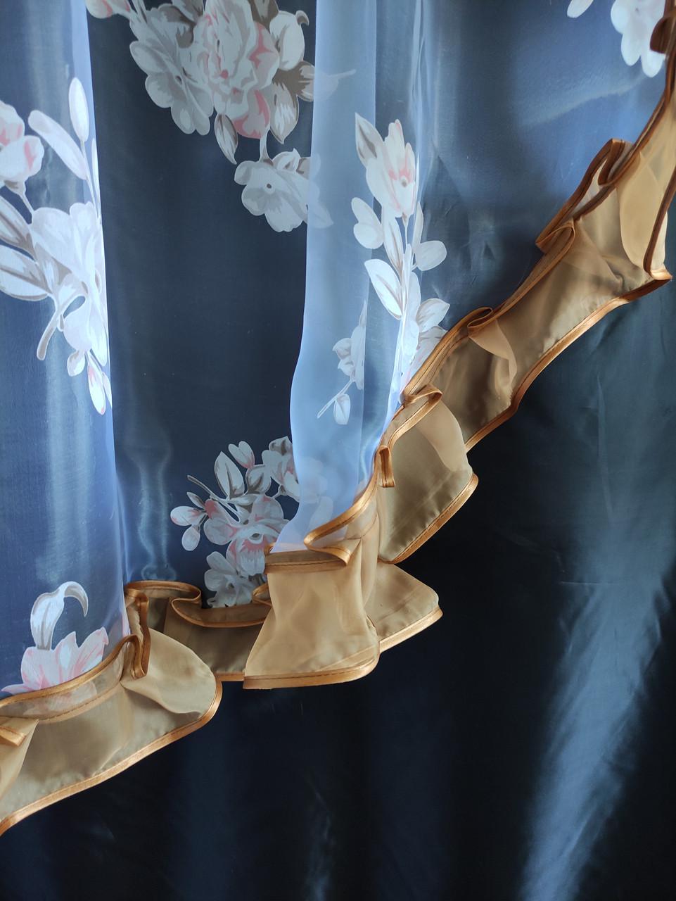 Тюль кухонная Ирис из двух частей органза и шифон 300х140 см. Белый с коричневым (уо-004) - фото 2