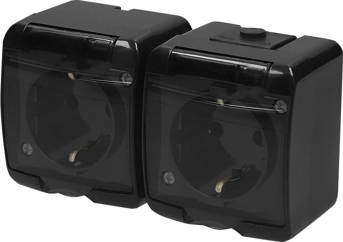 Розетка зовнішня подвійна ETI RHE-2sd-BL із заземленням/прозорою кришкою IP54 Чорний (4668091)