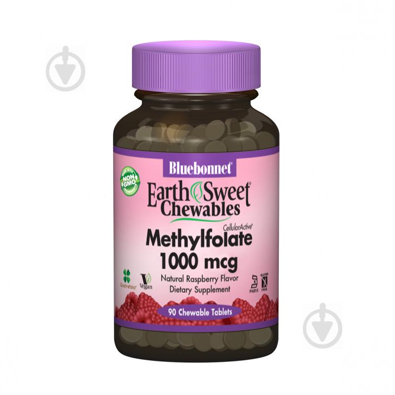 Метилфолат (B9)1000мкг Bluebonnet Nutrition Earth Sweet Chewables Вкус Малины 90 жевательных таблеток