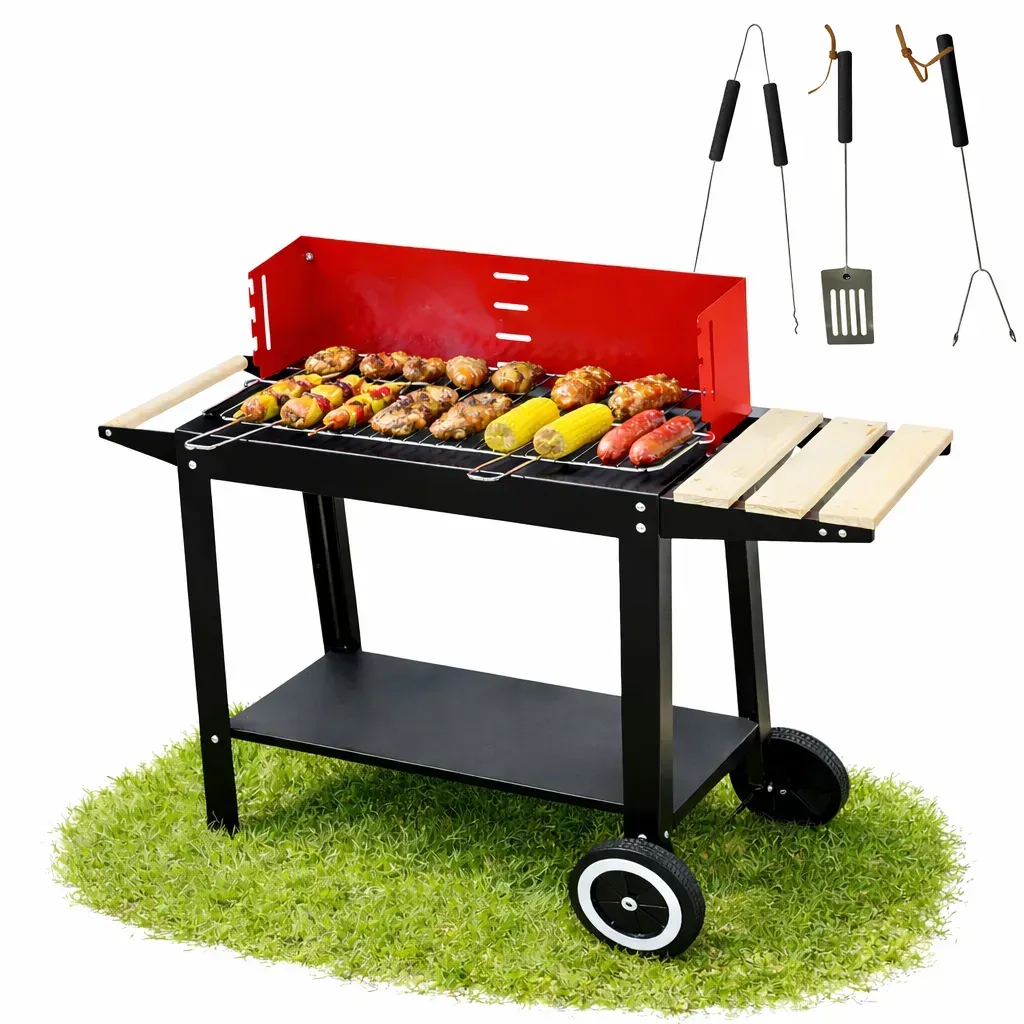 Гриль-мангал угольный садовый на колесах с крышкой/полками и аксессуарами