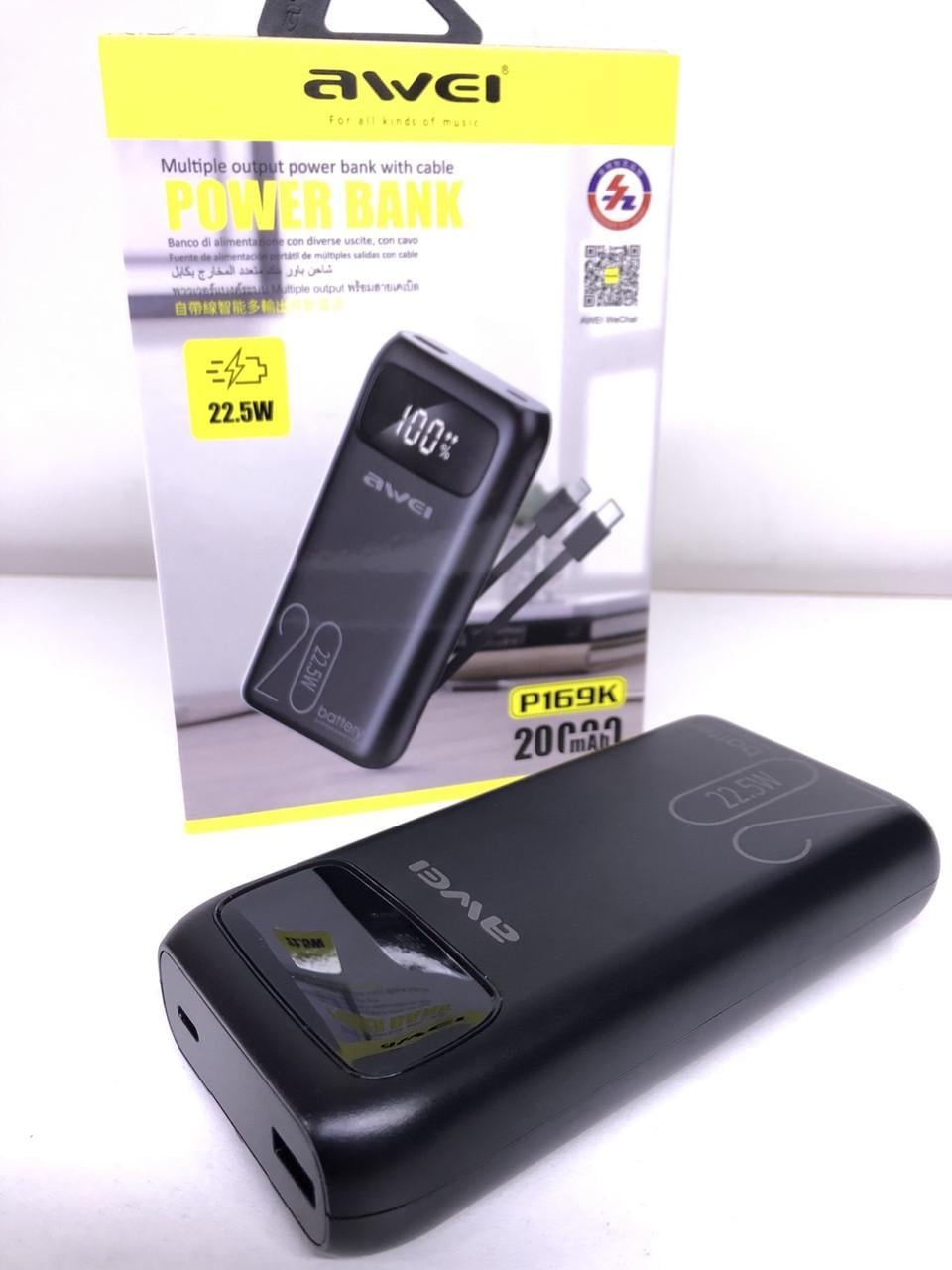 Повербанк Awei P 169K with Type-C and Lightning Cable 20 000 mAh 22,5 W Black