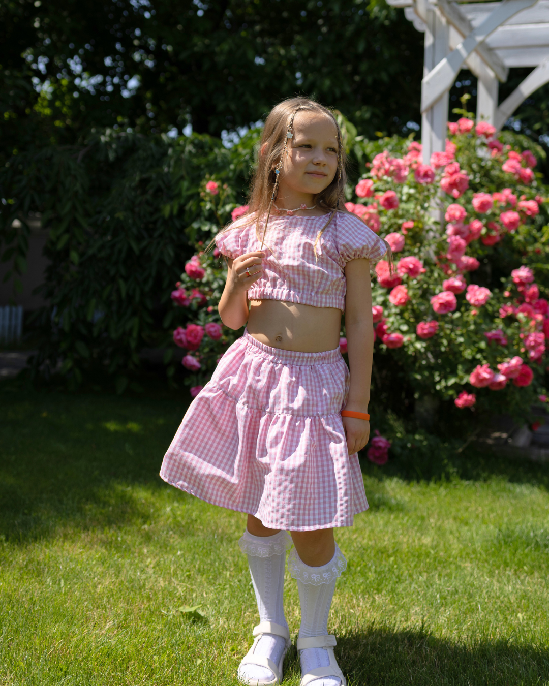 Костюм для дівчинки літній Blossom Alwair Kids в клітинку 134 см Рожевий (27309136) - фото 11