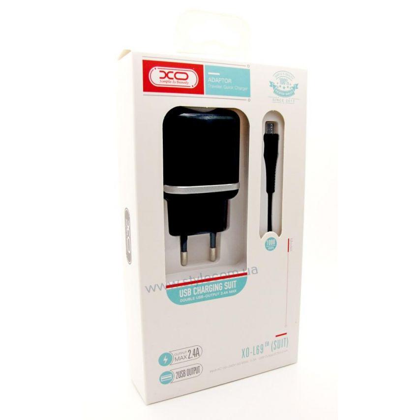 Адаптер Xo 2USB/2,4A/Data Cable USB to Micro Black (L69) - фото 2