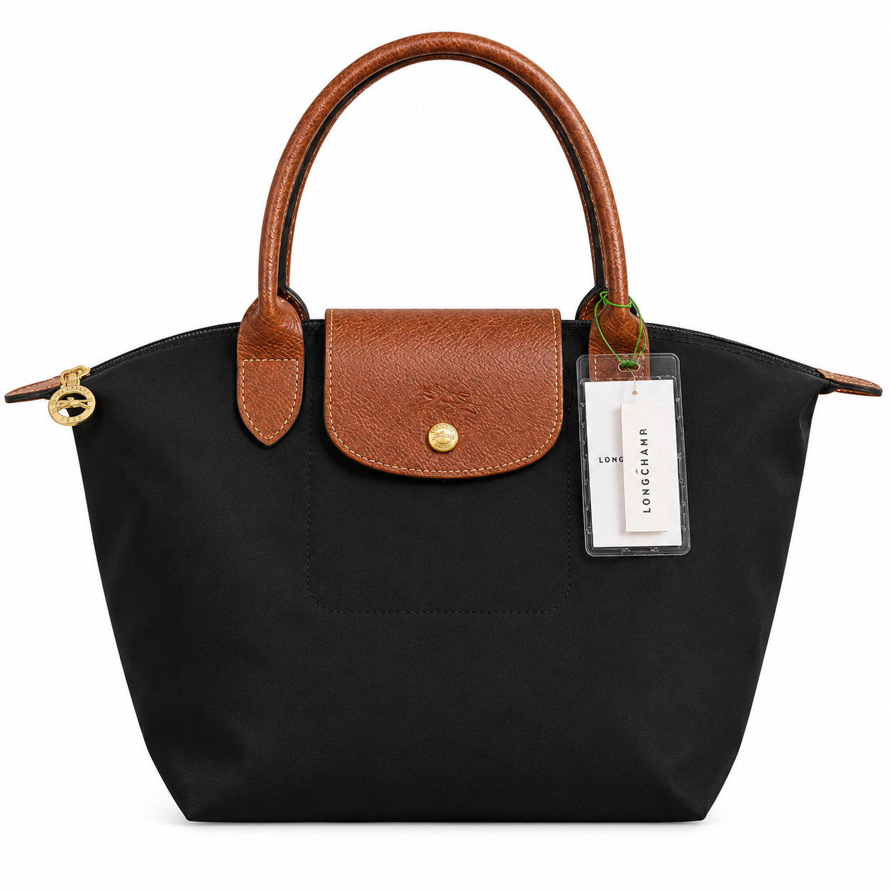 Сумка женская Longchamp Le Pliage Tote M с коричневыми ручками 28х26,5х15,5 см Черный