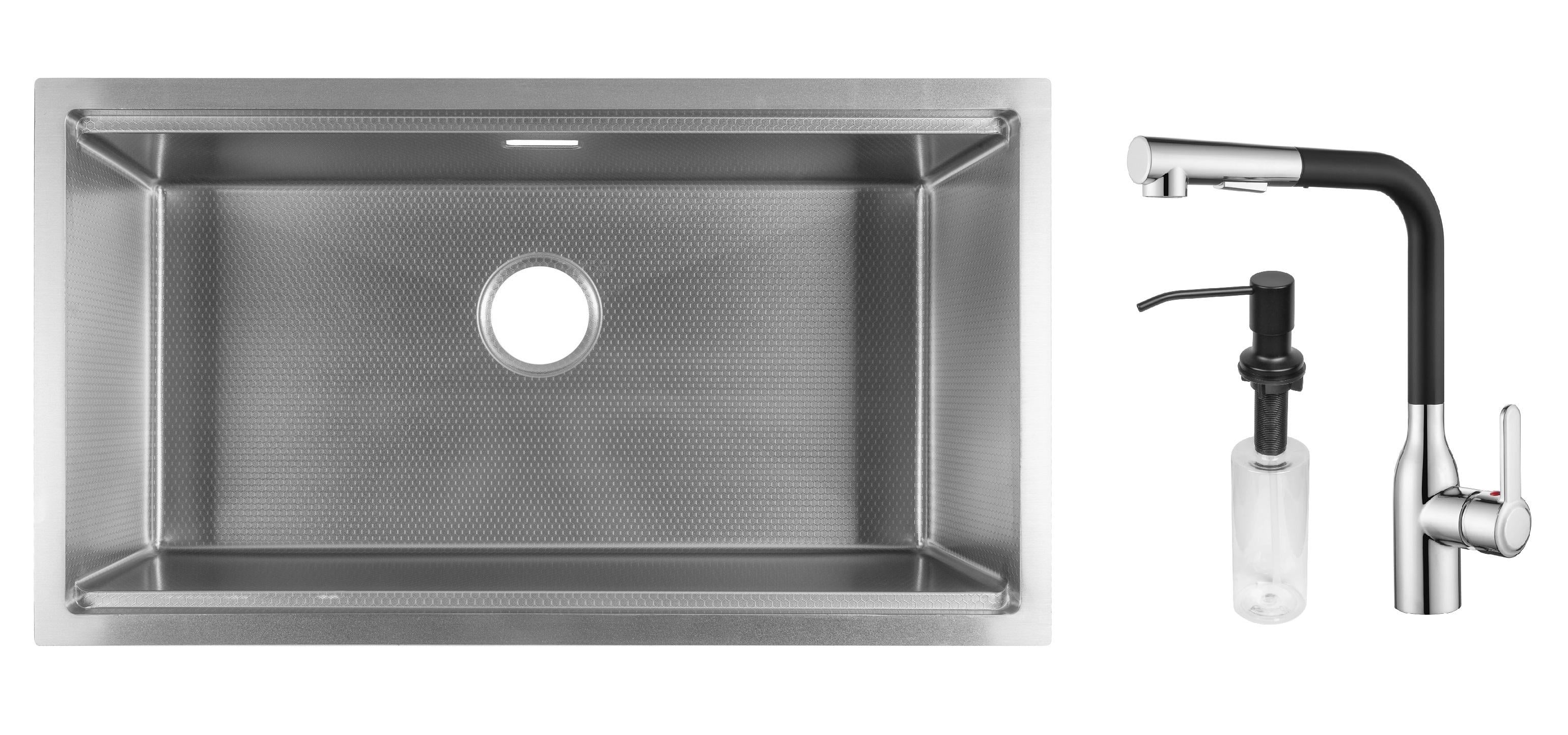 Комплект из кухонной мойки Gunter&Hauer Federbach 8022 Inox Honey кухонного смесителя Gunter&Hauer DUNKEL Cr-Bl
