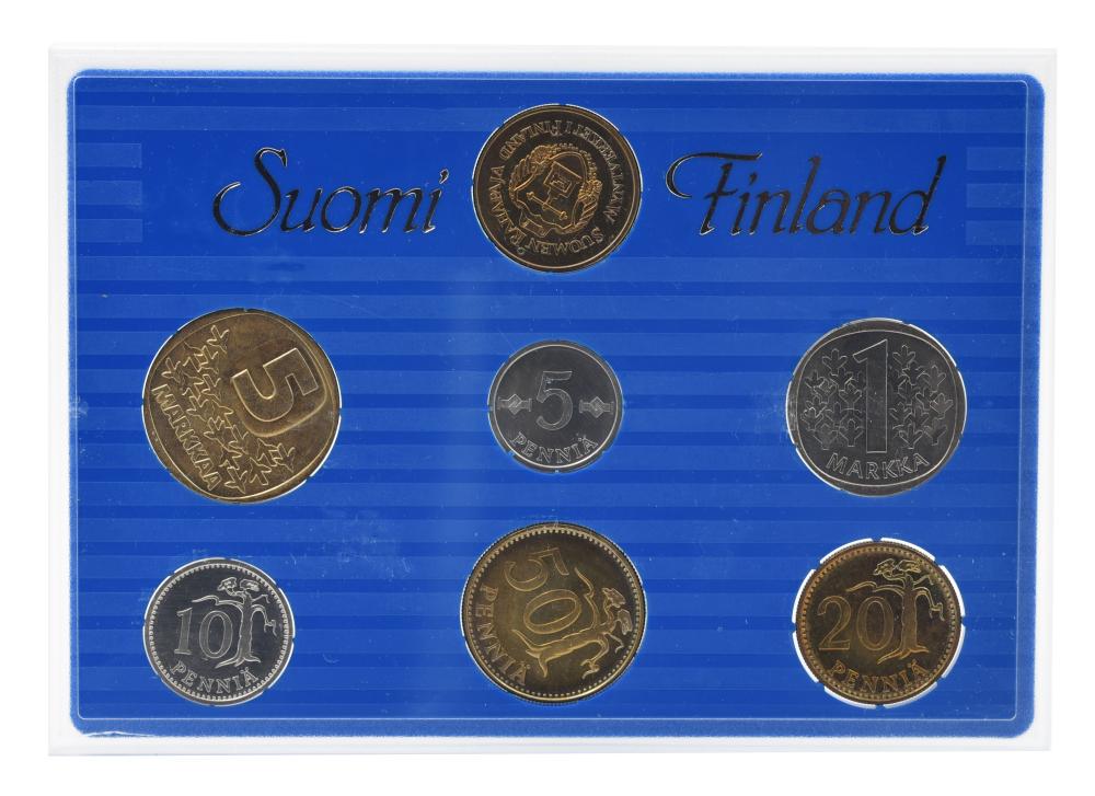 Коллекционные монеты Финляндия 6 шт. 1988 AU-UNC 5/10/20/50 пенни/1/5 марки в сувенирной упаковке (М23090)