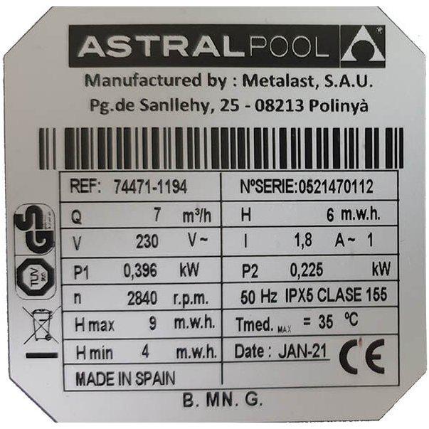 Насос для басейну Fluidra AstralPool Sena 7 м3/год 0,25 кВт 230 В (11119) - фото 3