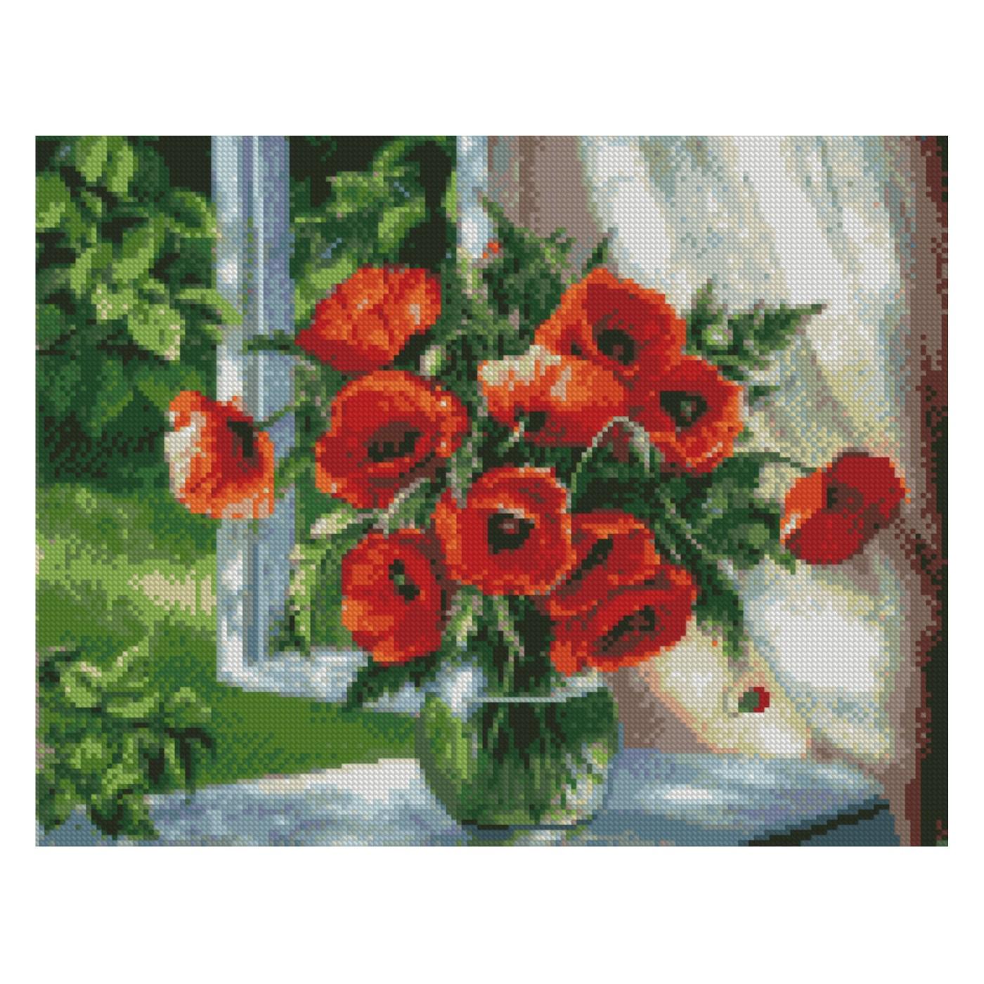 Алмазная мозаика Strateg Букет маков на подоконнике 40х50 см (Str-FA40202)
