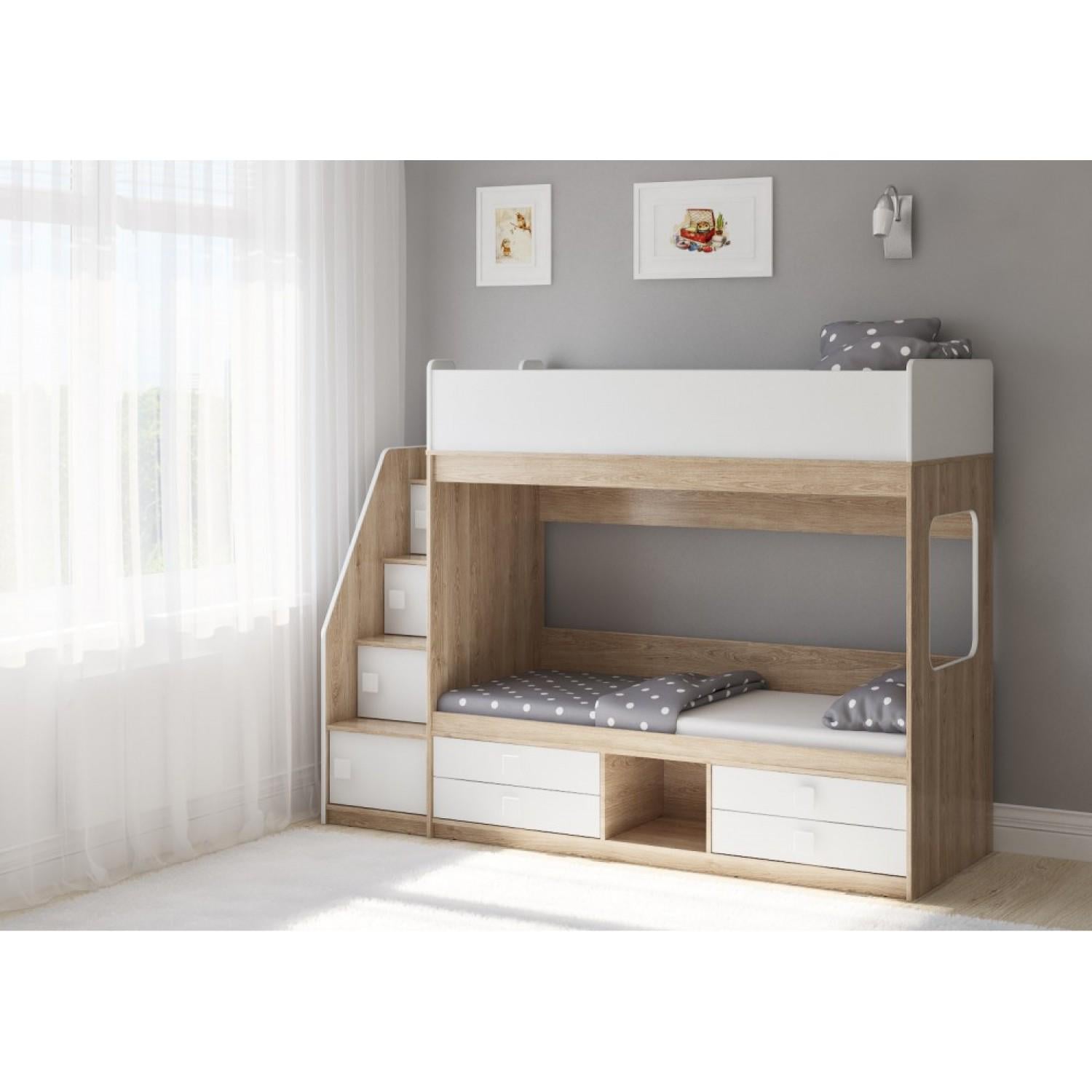 Кровать детская двухъярусная с полками и ящиками N-301 80х220/70х175 см (100198)