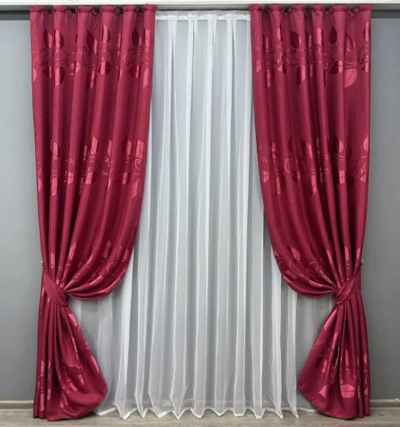 Комплект штор Листья с принтом лен/рогожка 1,5х2,7 м 2 шт. Рубиновый (1721ш 33-0628)