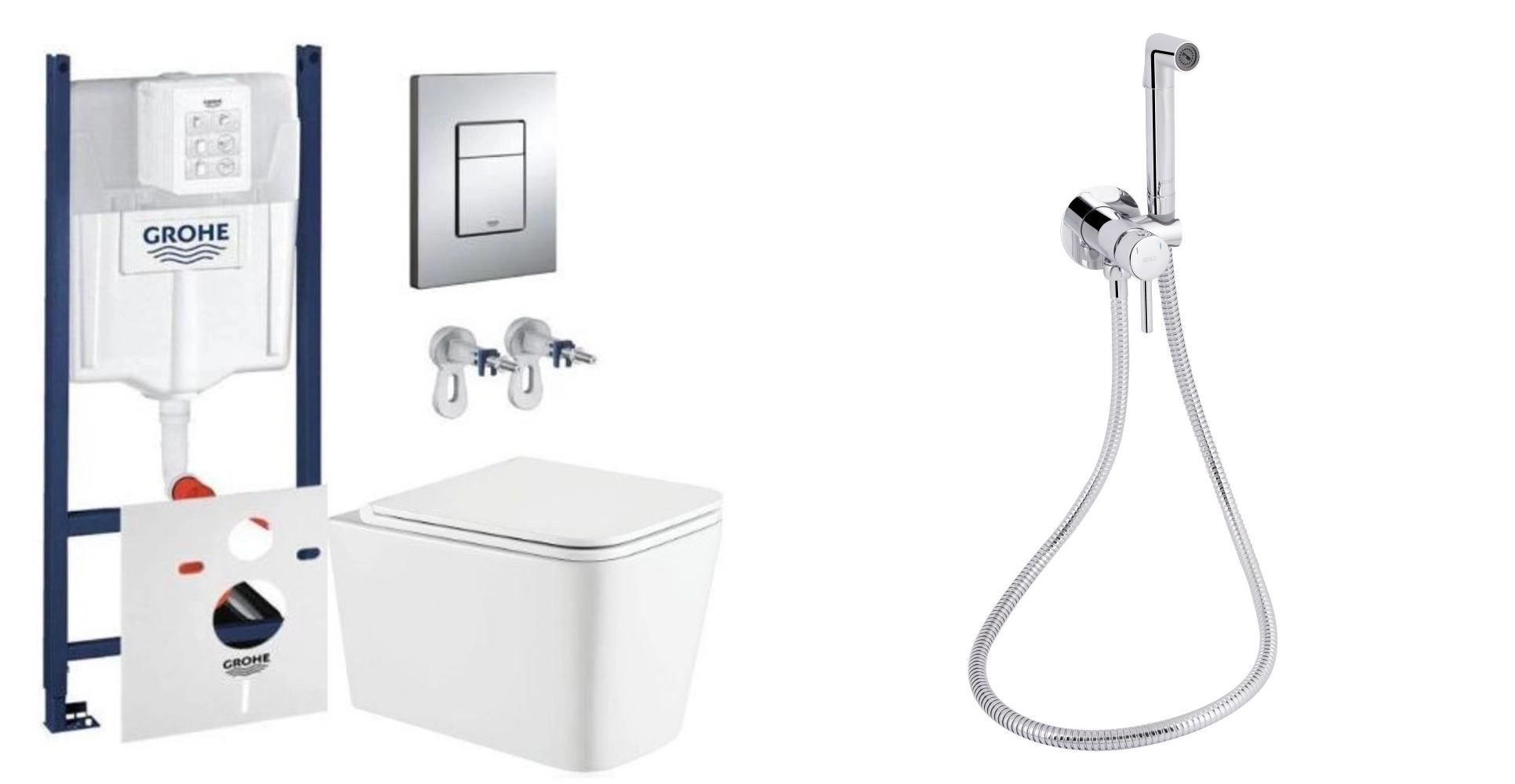 Инсталляция Grohe 6в1 с квадратным безободковым унитазом 53 см Koller Pool BigBoy Tornado и хромированным гигиеническим душем Qtap (GKKTQCRM)
