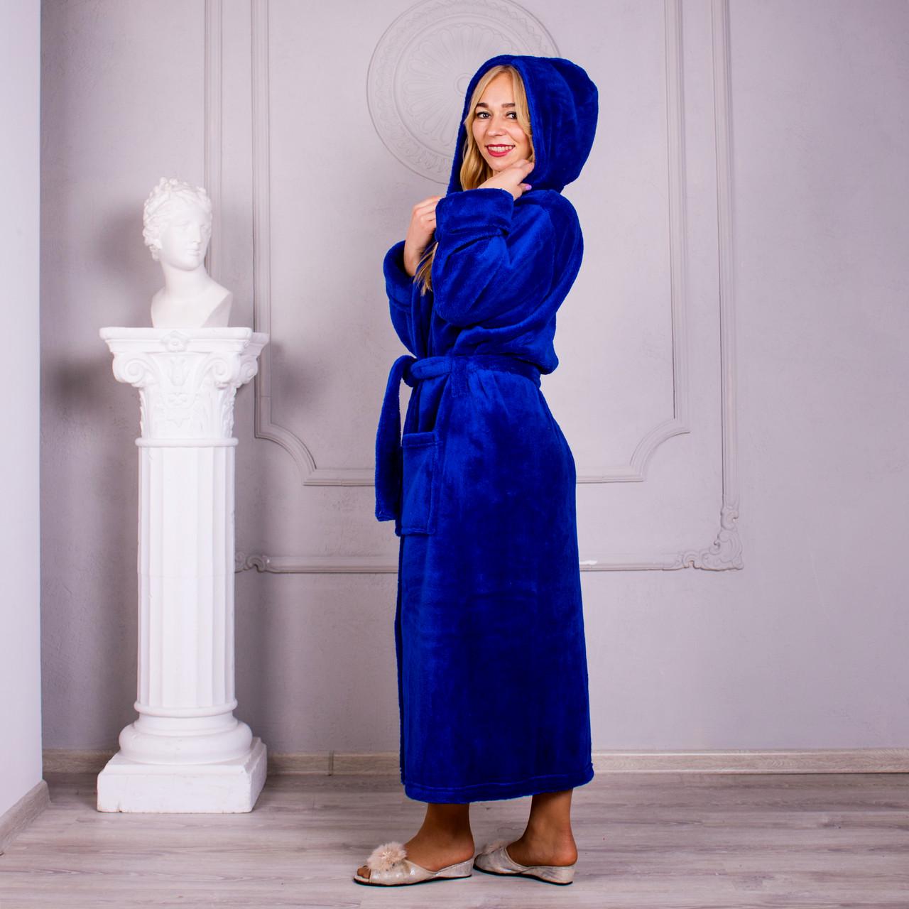 Халат женский махровый с капюшоном 2 кармана XL Электрик - фото 2