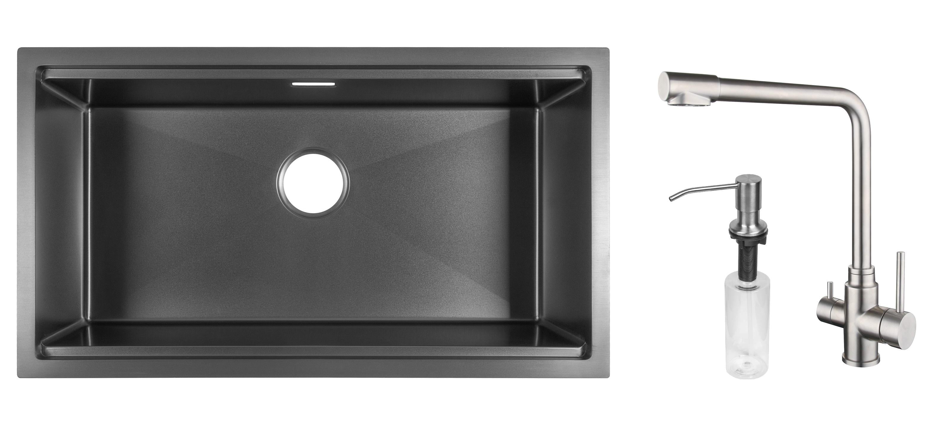 Комплект из кухонной мойки Gunter&Hauer Federbach 8022 Black кухонного смесителя Gunter&Hauer LUFT Br и дозатора Gunter&Hauer Soap Dispenser Inox
