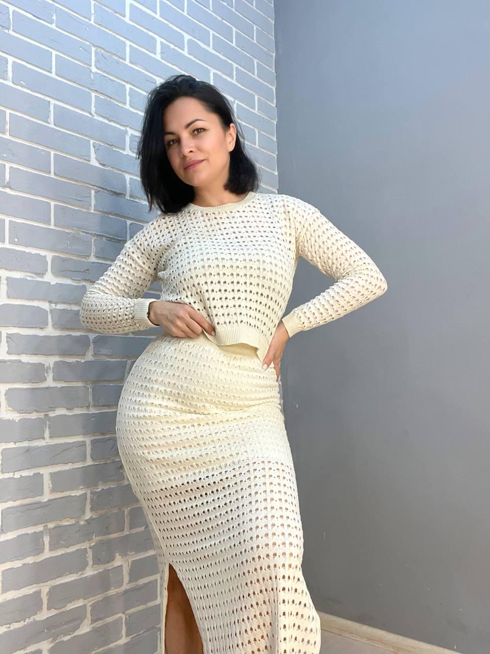 Костюм женский MINTAS 4204-2414 ажурная вязка реглан с юбкой OS Молочный (1885) - фото 3 Костюм женский MINTAS 4204-2414 ажурная вязка реглан с юбкой OS Молочный (1885) - фото 3