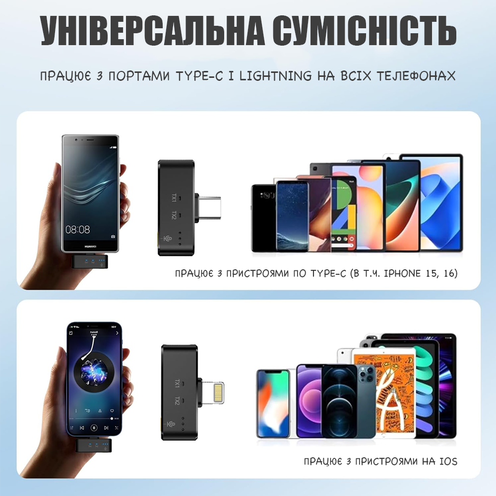 Микрофон петличный беспроводной Savetek M9 2в2 с двумя адаптерами для iPhone/Android Black/Yellow - фото 6