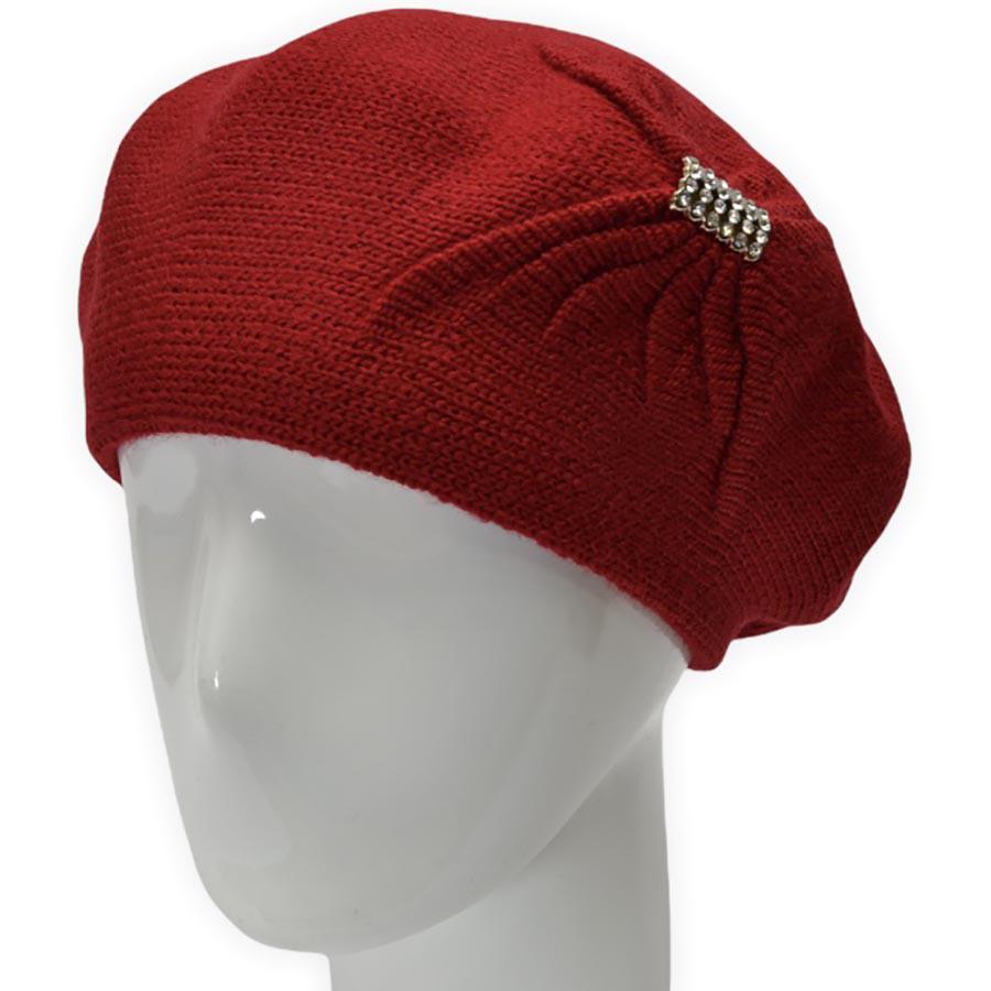 Берет женский Lirus Бонжур из шерсти двойной с узором сбоку и брошью Красный
