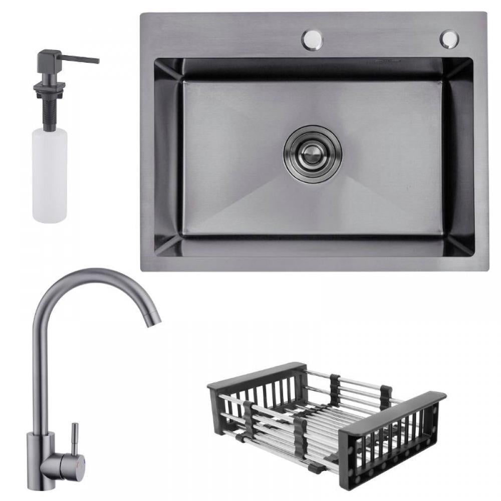 Кухонная мойка Kroner PVD 5843 4в1 со смесителем сушкой и дозатором Черный