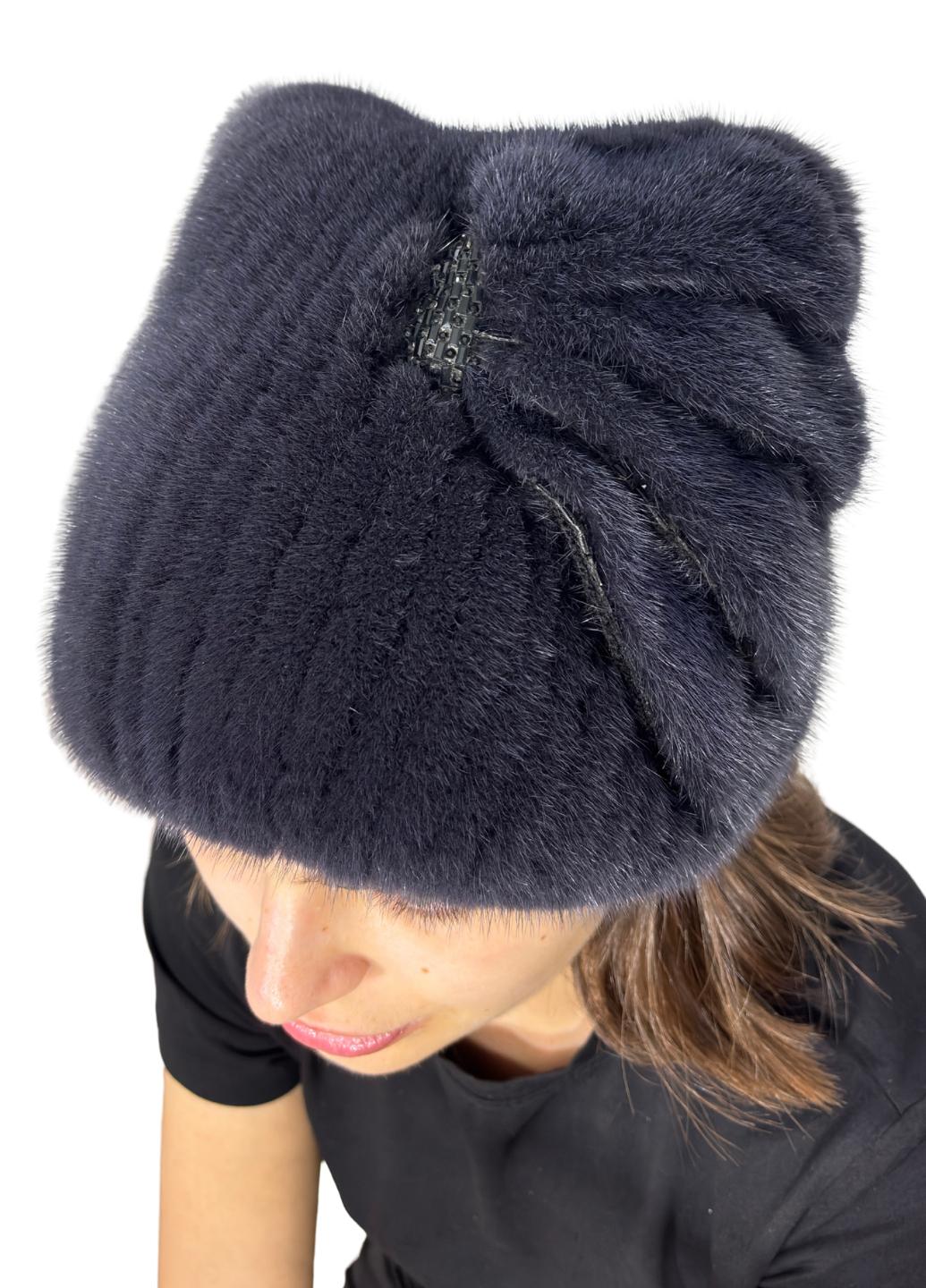Женская вязаная шапка Меховой стиль Кися из натурального меха норки Синий ирис (127/A)