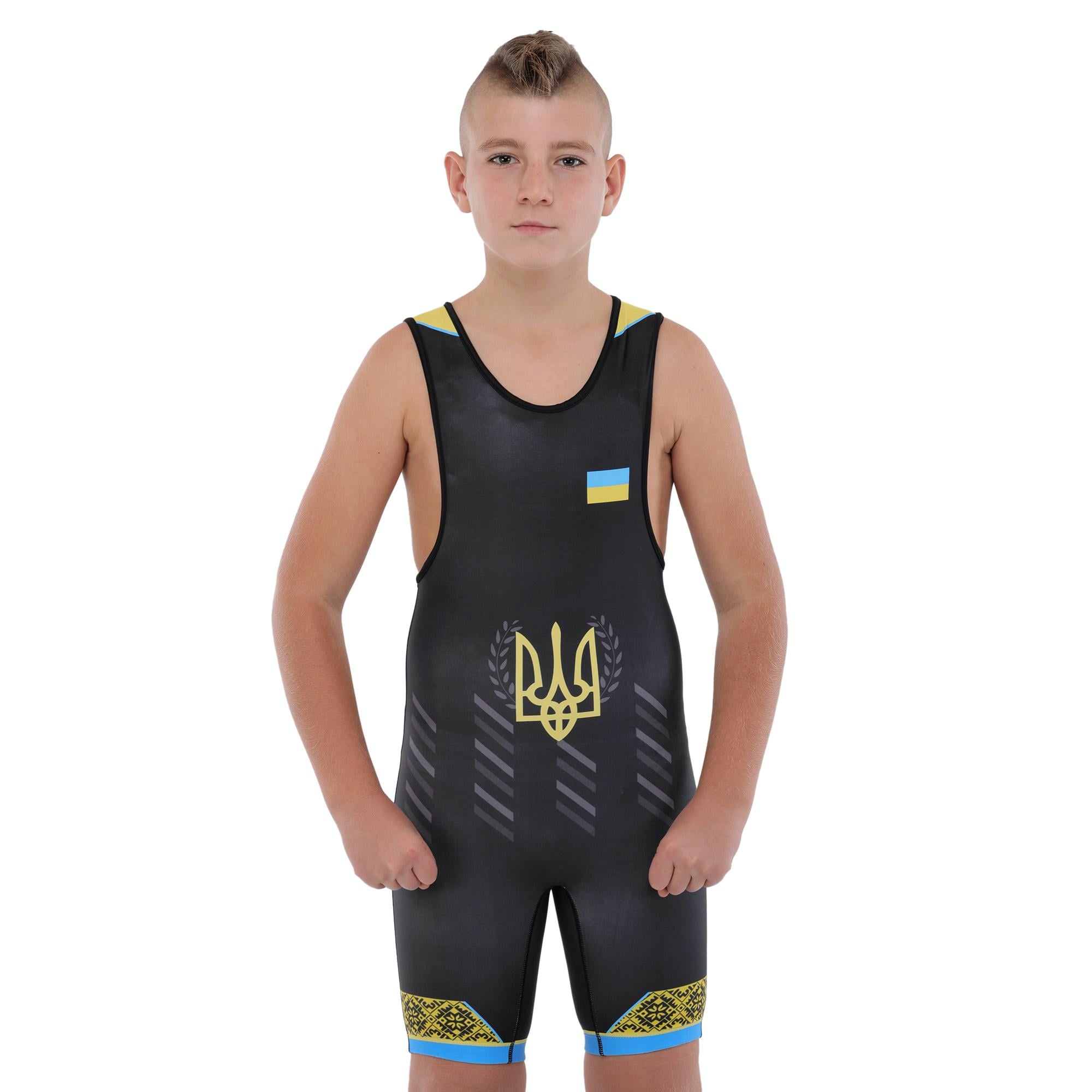 Трико SP-Sport JY-6607 UKRAINE для боротьби біфлекс зріст 138-142 см 8-9 років Чорний/Синій/Жовтий (8585053829685)