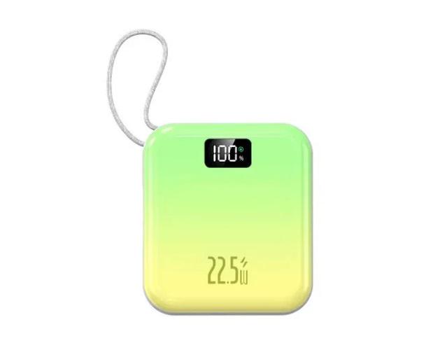 Повербанк мини 10000 mAh с быстрой зарядкой 22,5W с Power Delivery 20W и встроенными кабелями Lightning и Type-C Зеленый