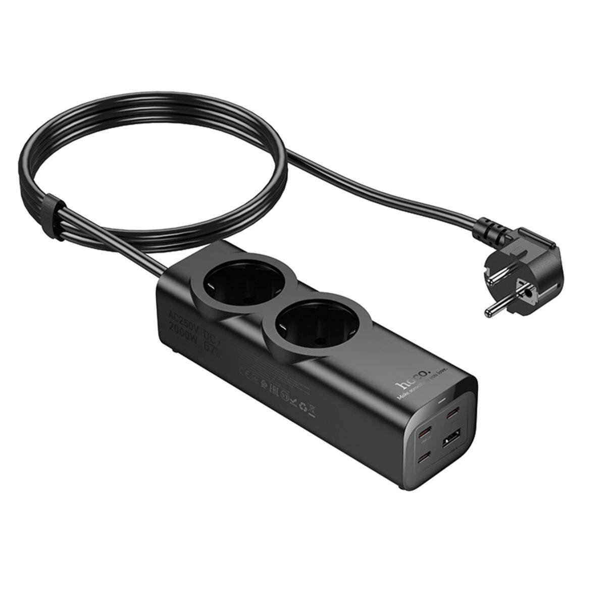 ᐉ Удлинитель сетевой Hoco NS10 Wisdom с 2 розетками AC и 4 USB портами 2 м Black (25172937) • Купить в Киеве, Украине • Лучшая цена в Эпицентр