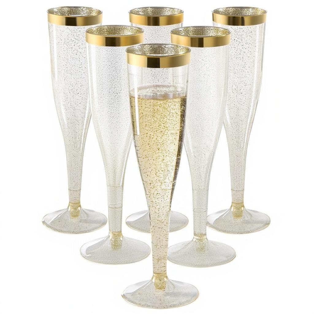 Набор пластиковых бокалов для шампанского премиум-класса праздничные с блестками 6 шт. 192 мл Золотистый