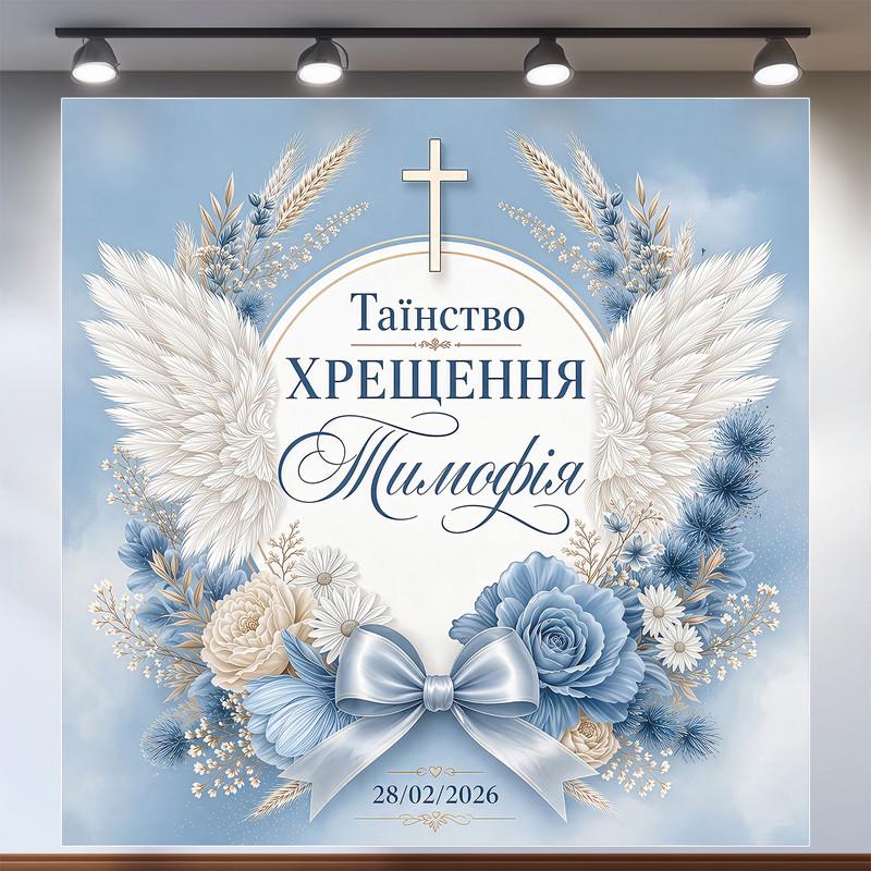 Фотозона на крестины Таинство Крещения голубая с белыми крыльями и серебристым бантом 200х200см, №48034