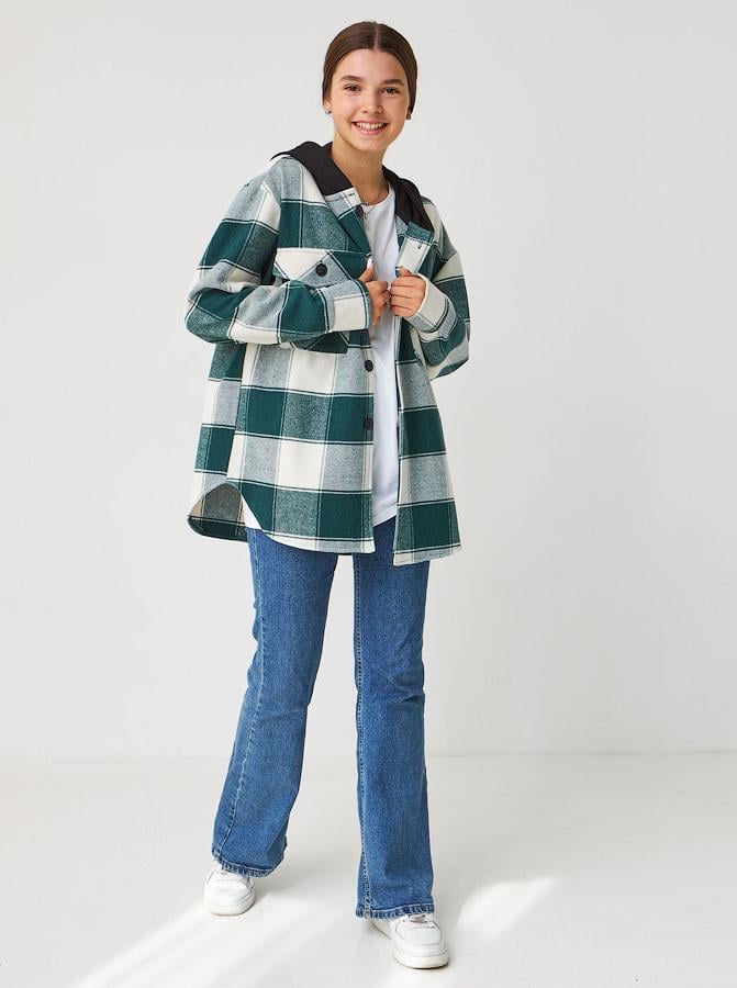 Рубашка утепленная с капюшоном Клетка 1506 164 см Зеленый (158124)