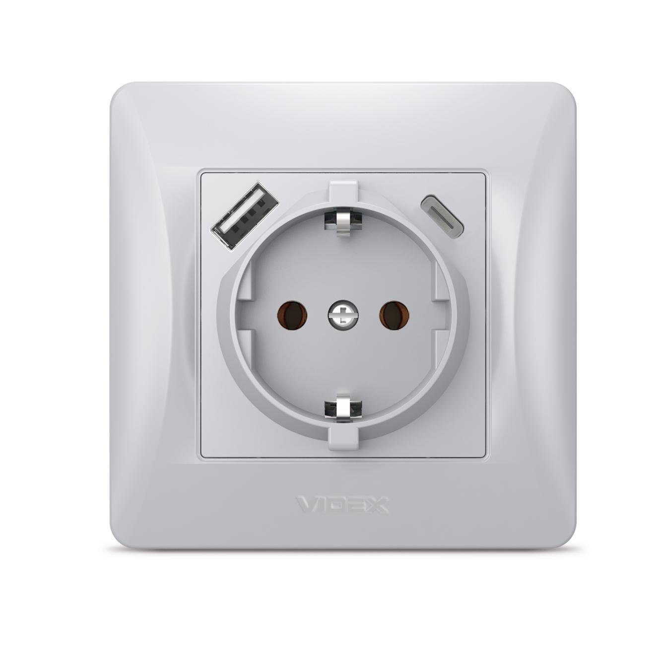 Розетка одинарная с заземлением Videx Binera с USB/USB-C Серебряный шелк (00000043811)