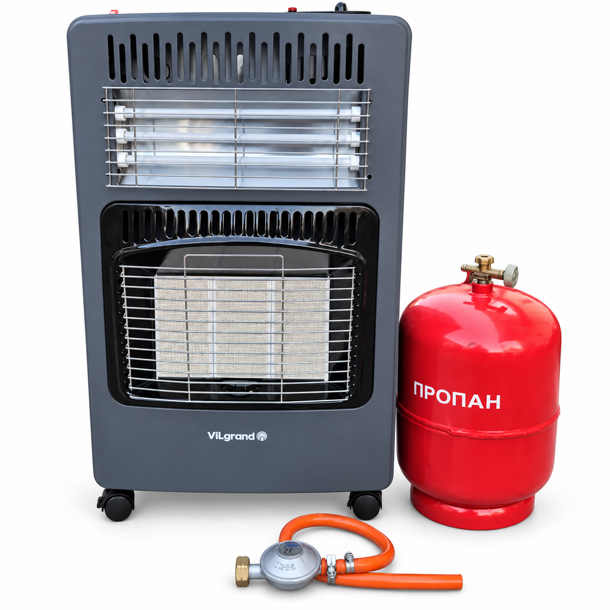 Газово-электрический обогреватель ViLgrand 4200 Вт газ/1500 Вт баллон 5 л/шланг и редуктор Красный (37976397)