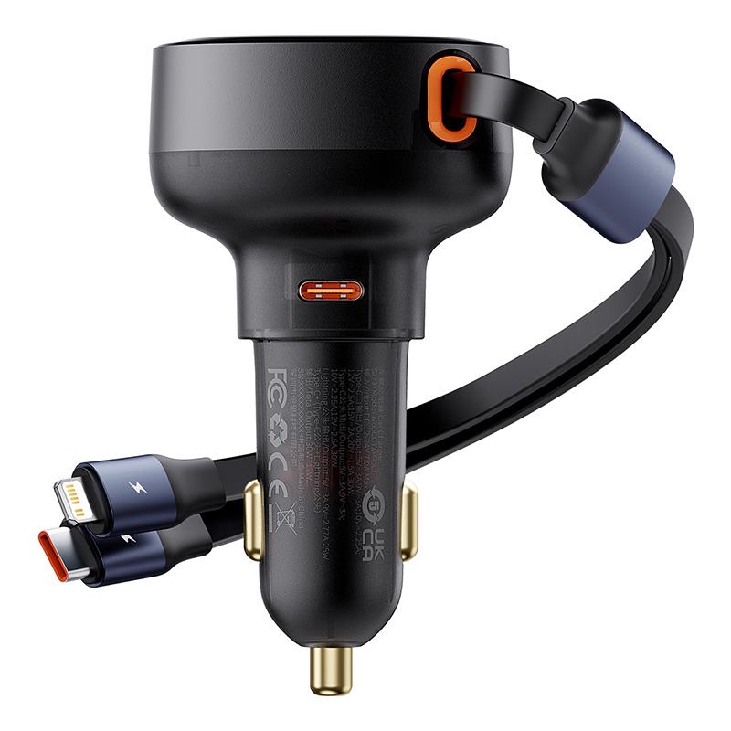Зарядное устройство автомобильное BASEUS Enjoyment Pro Car Charger C+Retractable C&iP Cable 60W Cluster Black (C00057802111-00) - фото 4 Зарядное устройство автомобильное BASEUS Enjoyment Pro Car Charger C+Retractable C&iP Cable 60W Cluster Black (C00057802111-00) - фото 4