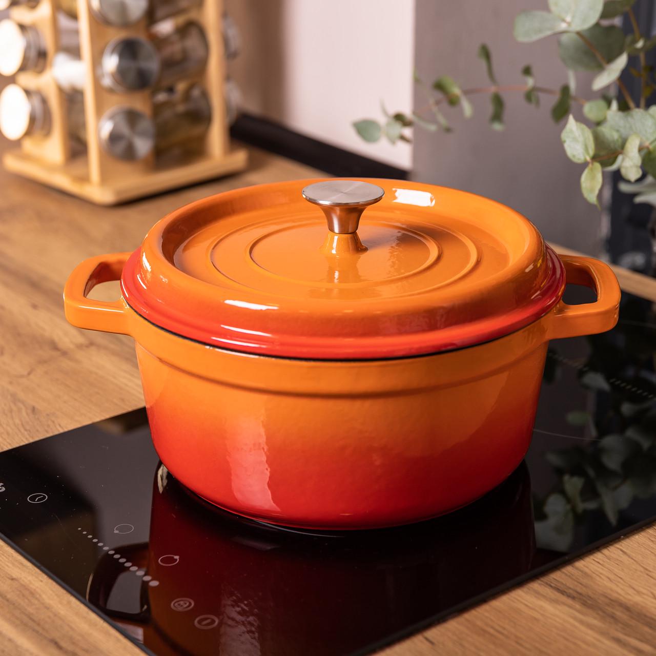 Кастрюля чугунная эмалированная с крышкой 3 л 24 см Оранжевый - фото 1 Кастрюля чугунная эмалированная с крышкой 3 л 24 см Оранжевый - фото 1