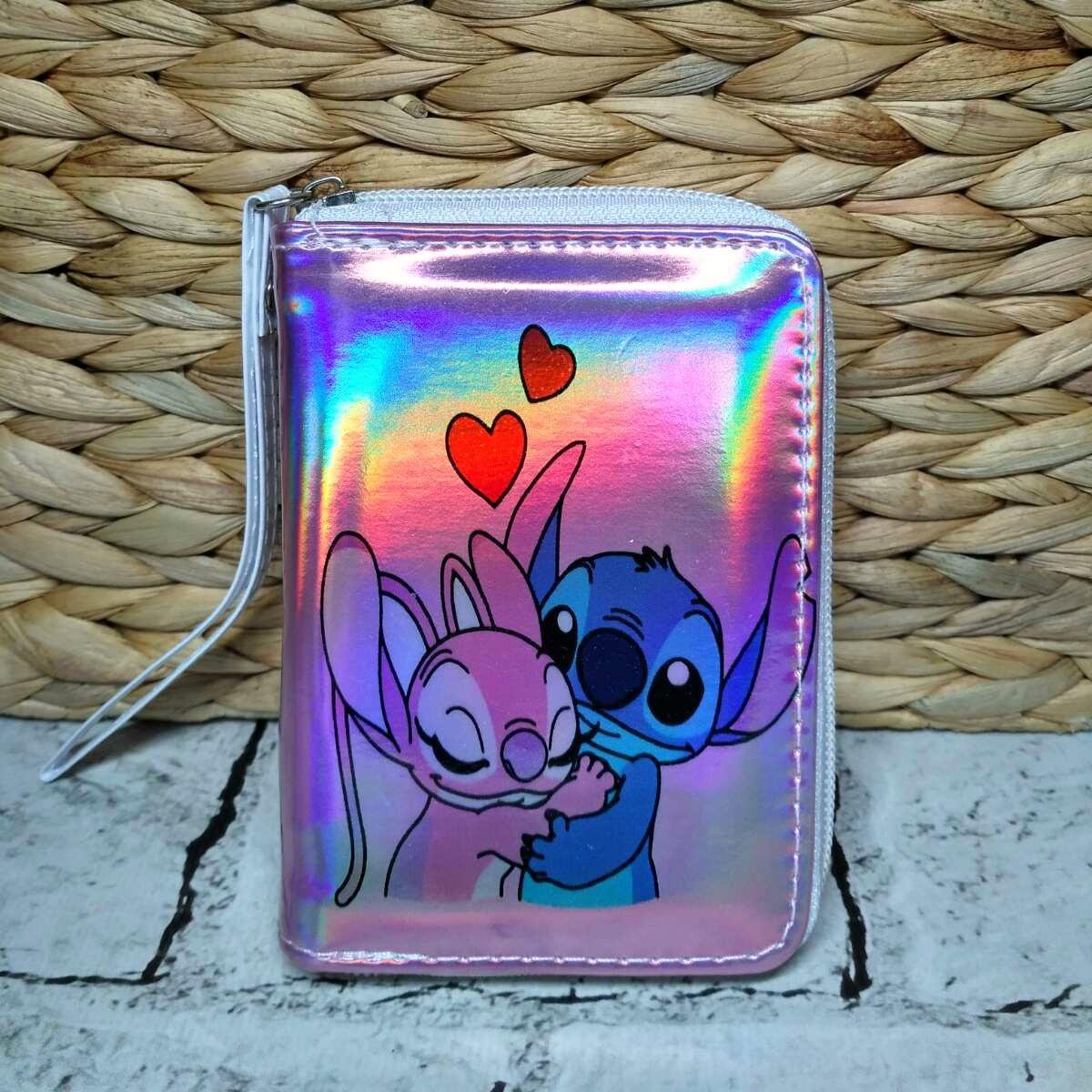 Кошелек детский для девочки на змейке с ремешком экокожа Стич голограмма 12,5х9 см Розовый (15815-4)