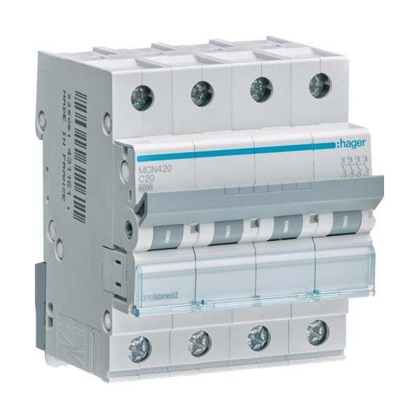 Автоматический выключатель Hager 4 полюс 6 kA тип C 20A MCN420 (74300)