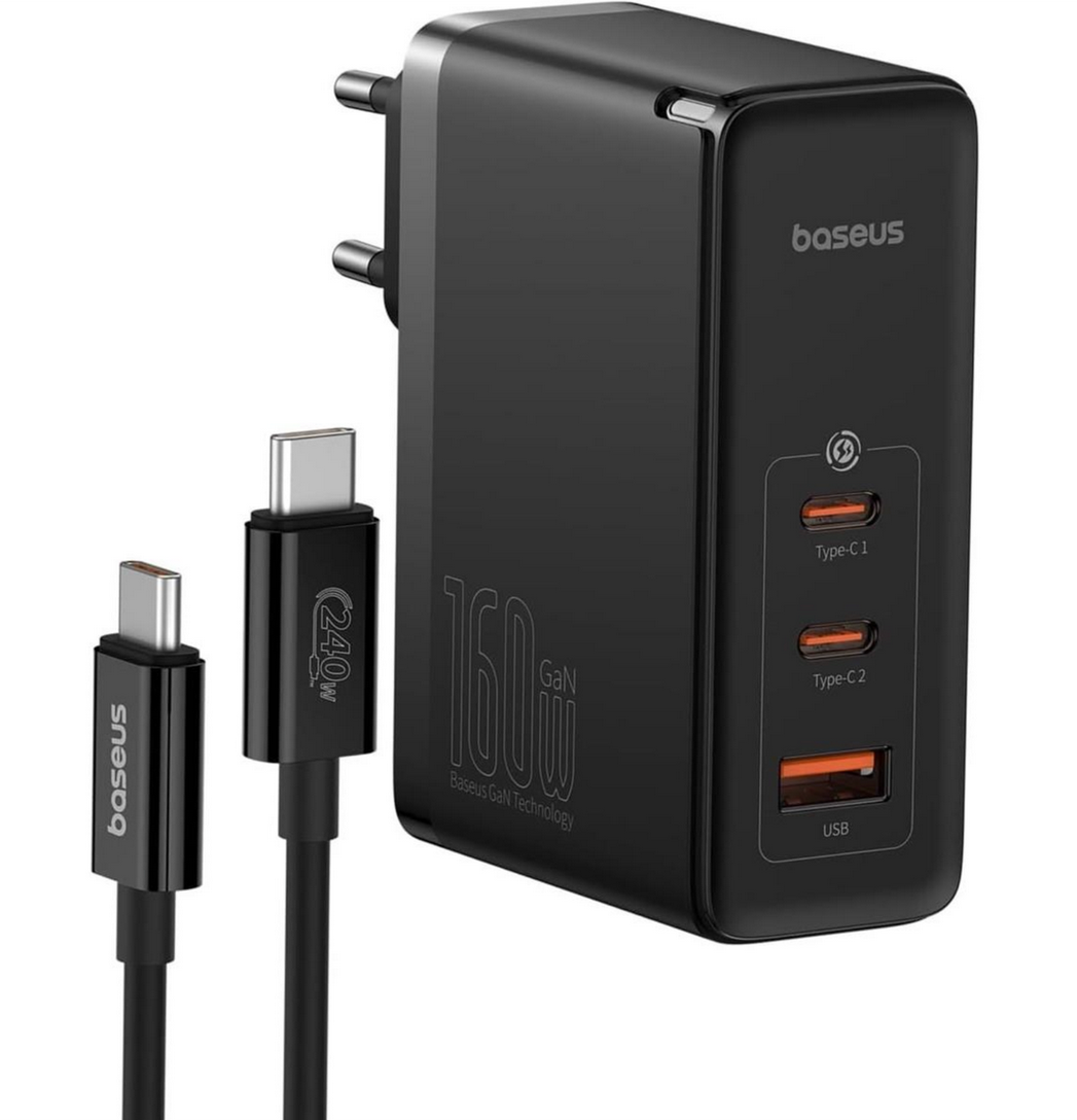 Зарядний пристрій BASEUS GaN5 Pro 160W 2хType-C та 1хUSB з кабелем Black (CCGAN160CE) Зарядний пристрій BASEUS GaN5 Pro 160W 2хType-C та 1хUSB з кабелем Black (CCGAN160CE)