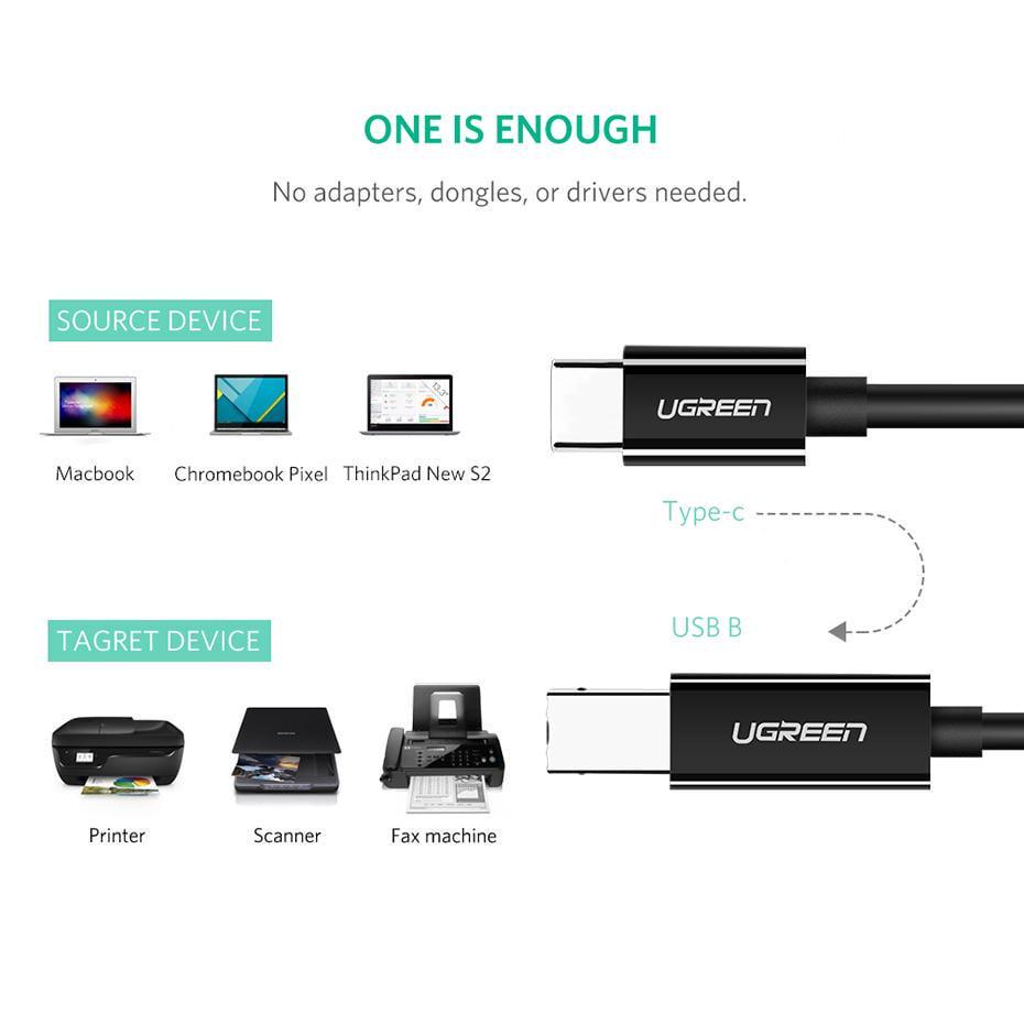 Кабель для принтера UGREEN Type-C-USB Type-B 2.0 480 Мбіт/с USB-C на USB-B 1 м Чорний (80811) - фото 2