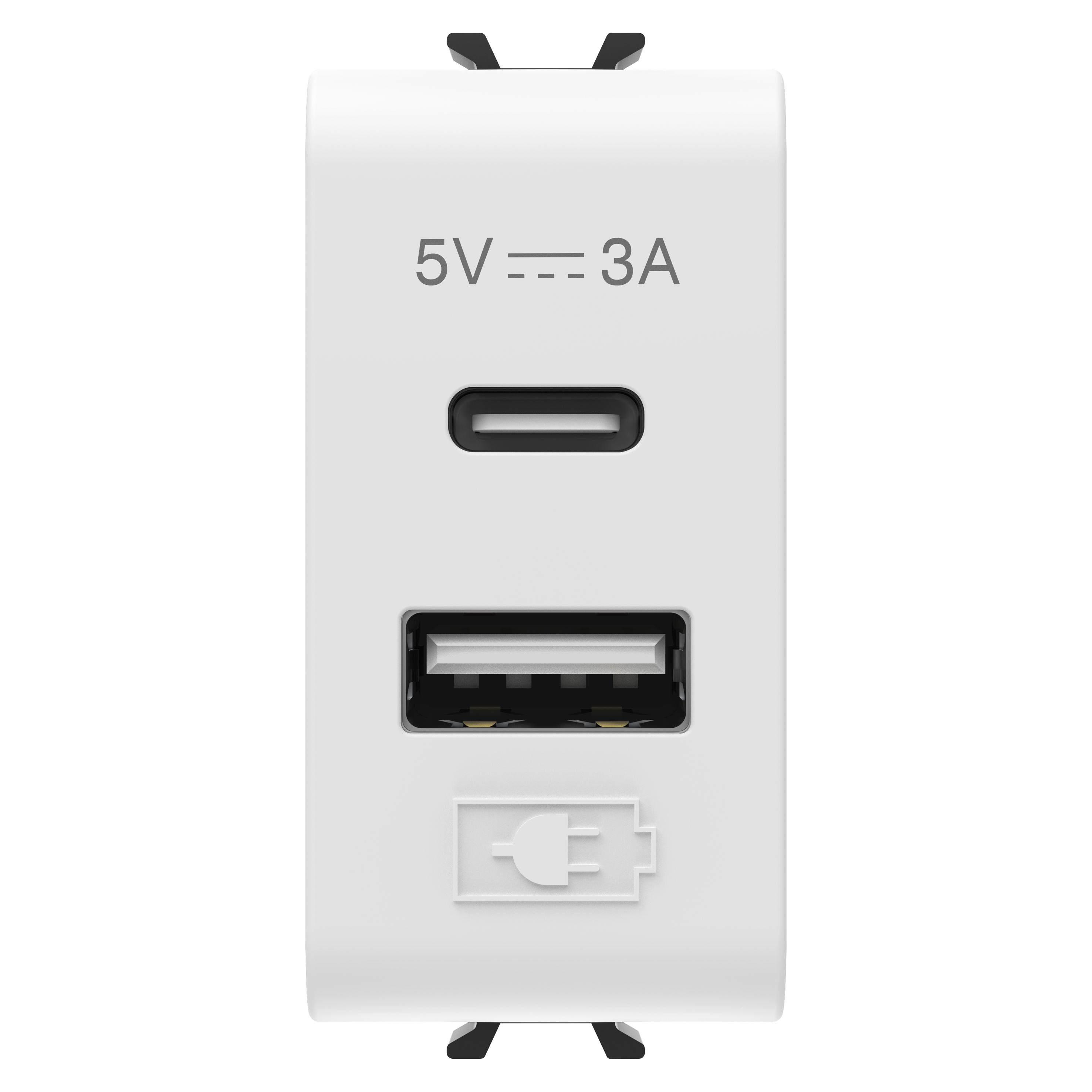 Розетка USB подвійна Gewiss Chorusmart 3A 5В тип A+C 1 модуль технополімер Білий сатиновий (GW15449)