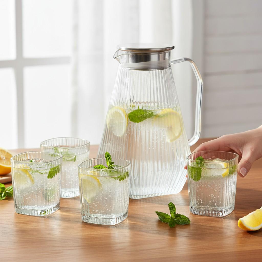 Набор кувшин 1,8 л/стаканы из стекла рифленые 6 шт. по 200 мл Серый (HP-19-38) - фото 2 Набор кувшин 1,8 л/стаканы из стекла рифленые 6 шт. по 200 мл Серый (HP-19-38) - фото 2