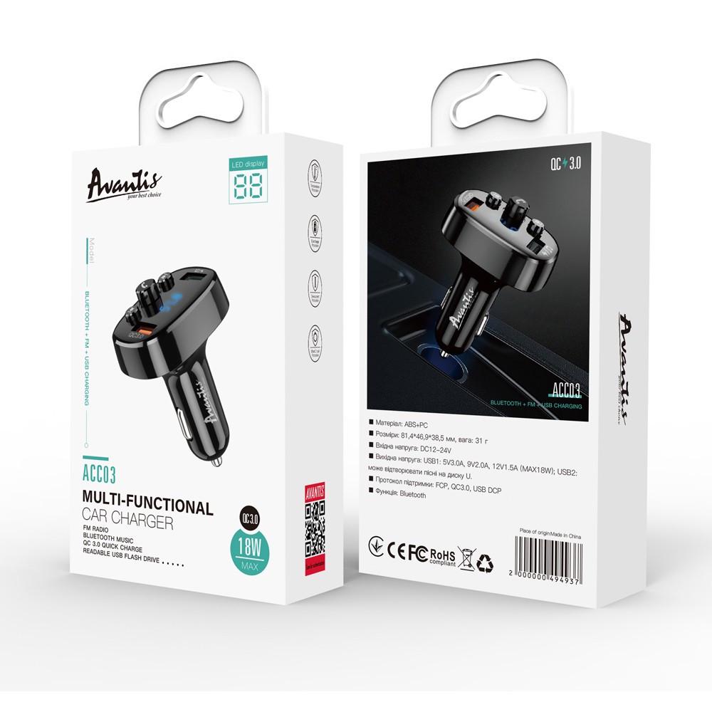 FM-трансмітер Bluetooth Avantis ACC03 18W/QC3.0 Чорний (1907831225) - фото 3