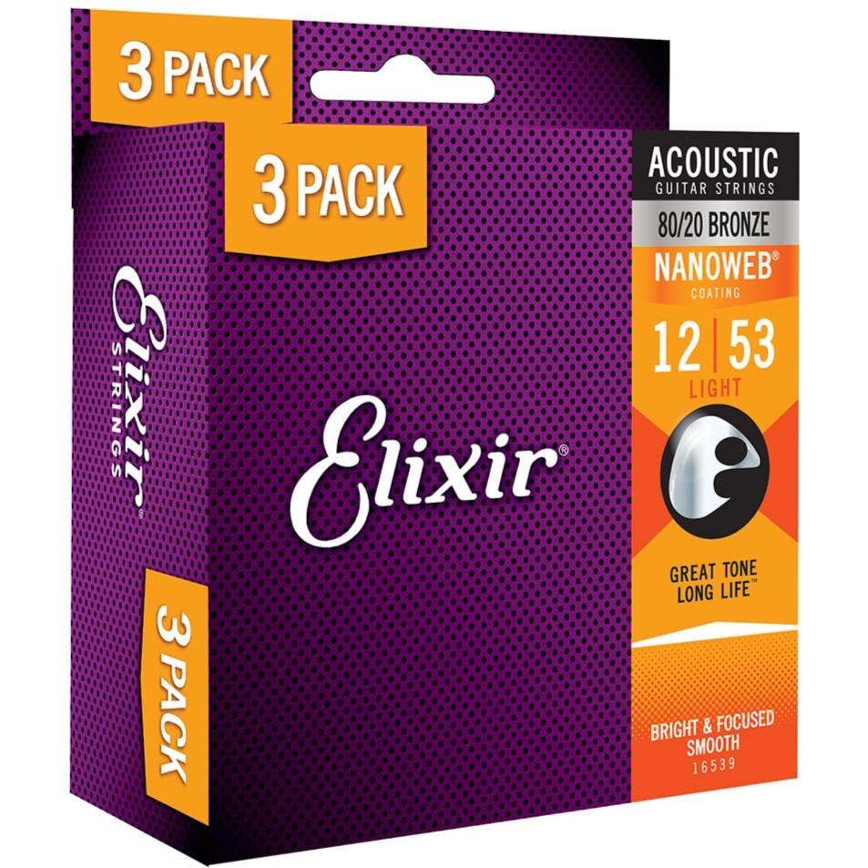 Струны для акустической гитары Elixir Nanoweb 80/20 Bronze 16539 12-53 3 комплекта (128610)