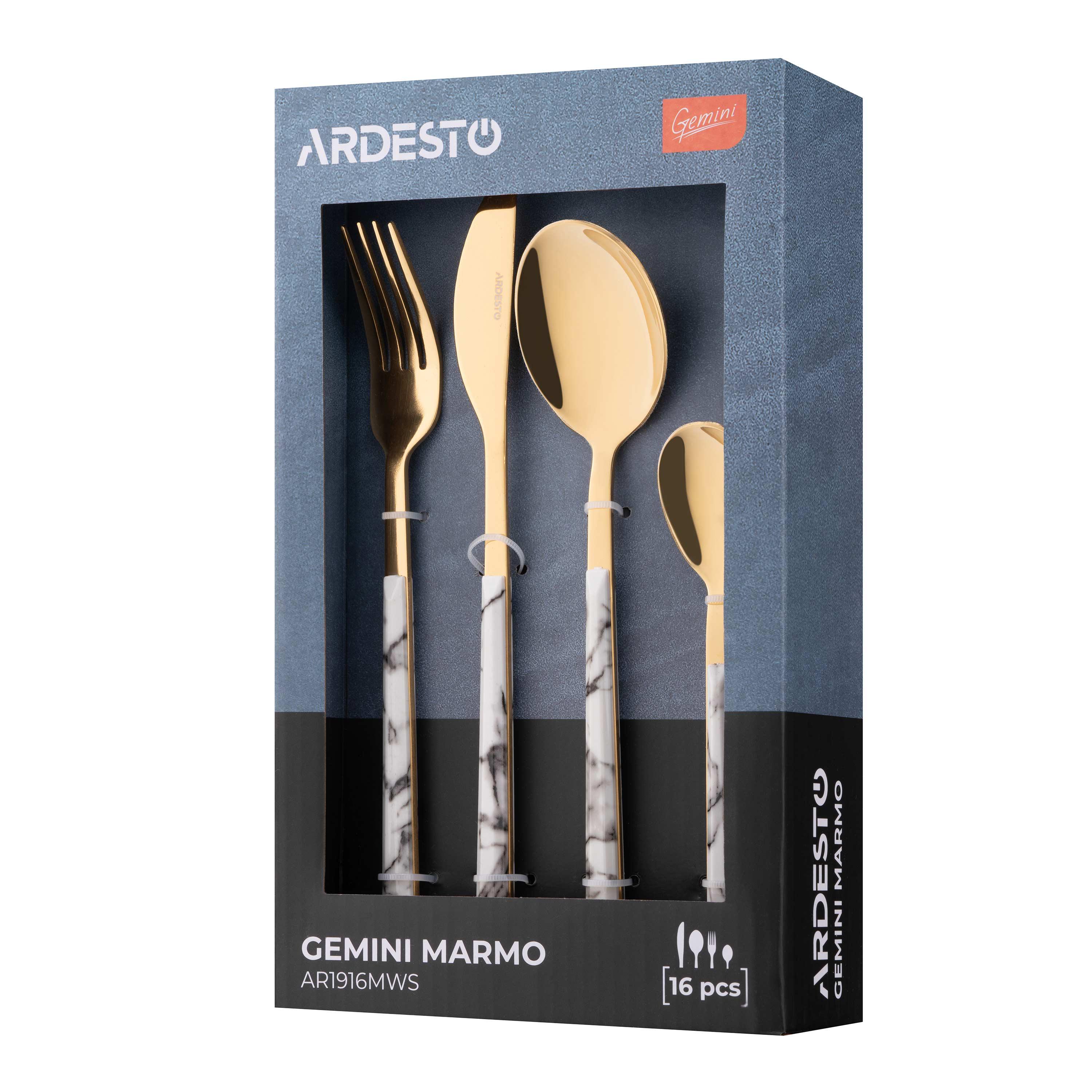 Набор столовых приборов Ardesto Gemini Marmo 16 предметов из нержавеющей стали и пластика Золотистый/Белый (AR1916MWS) - фото 6 Набор столовых приборов Ardesto Gemini Marmo 16 предметов из нержавеющей стали и пластика Золотистый/Белый (AR1916MWS) - фото 6