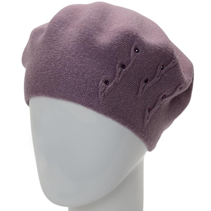 Берет женский вискозный двойной Lirus Флорина с узором сбоку и стразами Темно-сиреневый